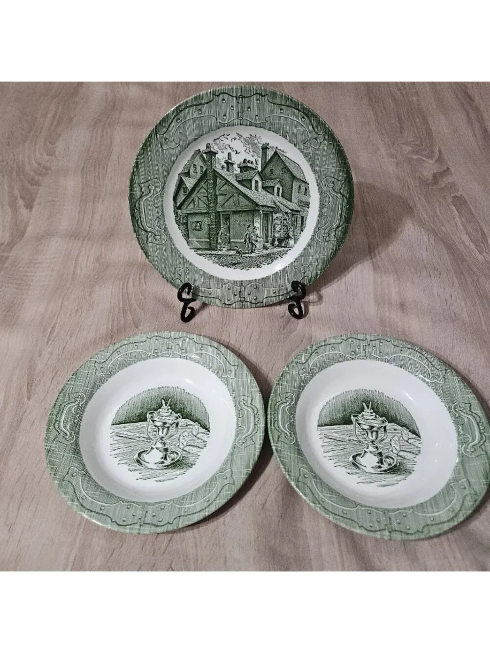 Royal China The Old Curiosity Shop Dinner Plate & 2 Rimmed Soup Bowls Ironstone